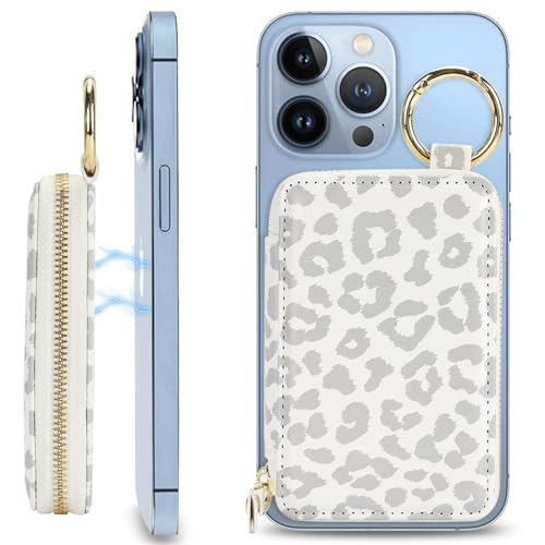 Image of Compatible with MagSafe Wallet,Magnetic Phone Wallet Card Holder for iPhone 17 /16 Pro Max /15 plus /14 Pro /13 /12 Series,PU Leather Zipper Pocket Adjustable Stand with Grip-White Leopard