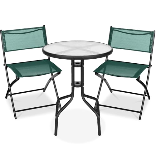 Best Choice Products 3-Piece Patio Bistro Dining Furniture Set w/Textured Glass Tabletop, 2 Steel Folding Chairs, Polyester Fabric - Dark Green