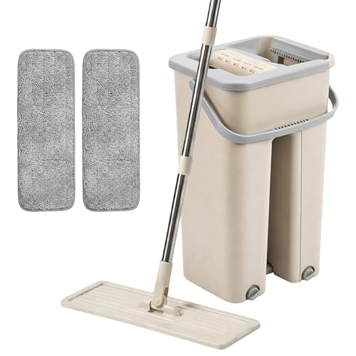 Luxtrous Floor Mop and Bucket Set − Easy and Simple Squeeze Mop Bucket, Flat Mop with Multi -Pack Replacement Machine Washable Microfibre Mop Pads for All Floors Types (37cms x 31 cms, 2, Pads)