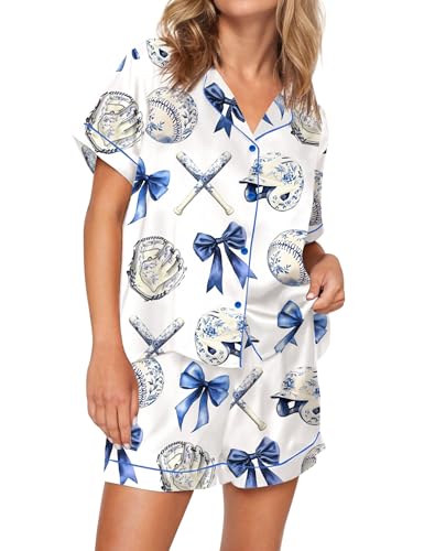 Image of SHESHOW Pajamas for Women Set Satin Button Down Short Sleeve Top and Shorts Pjs Sets Sport Ball Print Sleepwear XS-XXL