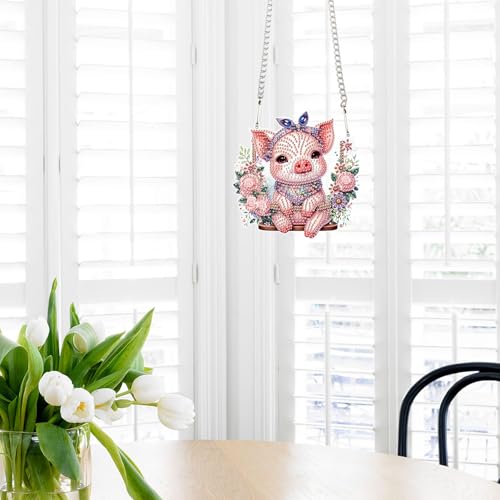 Image of AiYuanzsh 5D DIY Diamond Art Painting Kits Hanging Pendant, Piggy Diamond Art Hanging Sign DIY Special Shaped Crystal Pendant Ornaments for Door Wall Window Home Festival Decor
