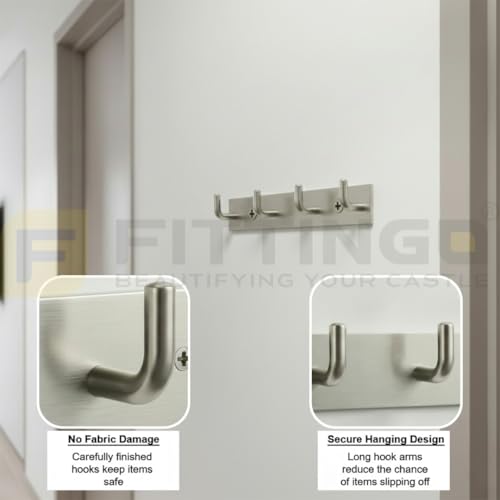 Image of Stainless Steel 4 Hook Cloth Hanger for Door /Dress Hanger Wall Mount /Bathroom Hooks for Hanging Clothes (Silver Matt) Pack of 4-| 3 Years Warranty |