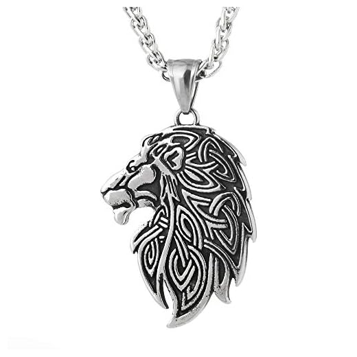 QIANJI Celtic Knot Lion Head Pendant Necklace Leo Constellations Necklace Stainless Steel