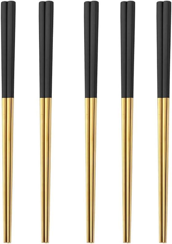 5 Pairs Stainless Steel Chopsticks Set, 304 Metal Reusable, Square Anti-Slip Design, Dishwasher Safe, Lightweight Korean Japanese Chopsticks for Sushi, Noodles, Hot Pot, 23cm – Gold Black