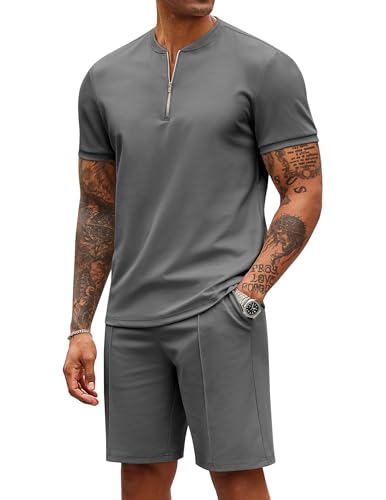 COOFANDY Men's 2 Pieces Outfits Casual Quarter Zip Polo T Shirt and Shorts Set Athletic Jogging Summer Tracksuit