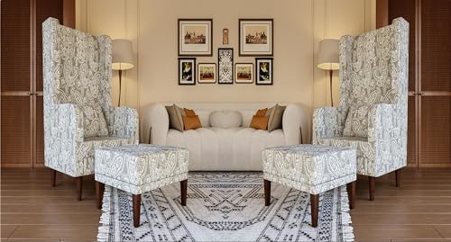 Image of WELL KNOWN Wooden Set of 2 Wing Chair with Ottoman | Wingback Chair for Living Room | Home Decor Furniture (Grey with White- 2)