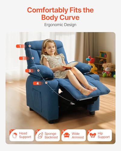 Image of VEVOR Kids Recliner Chair, Toddler Lounger with Cup Holders & Pockets, 107 to 126 Adjustable Back, Breathable Polyester Upholstery Reclining Sofa with Foot-Rest, for Boys and Girls, Children (Blue)