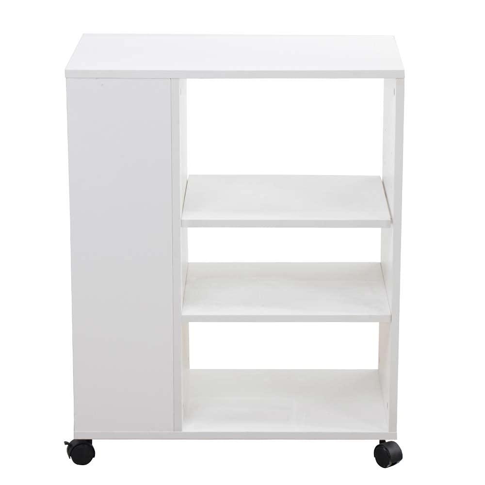 BAKAJI Libreria Bassa Scaffale 4 Ripiani con Ruote in Legno MDF Tavolino da Caffè Laterale Divano Design Moderno per Soggiorno Salotto Casa o Ufficio Colore Bianco Dimensioni: 75 x 35 x 60 cm