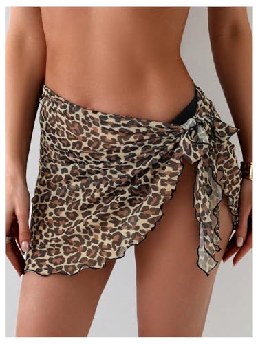WDIRARA Women's Leopard Print Sarongs Cover Up Skirt Sheer Chiffon Swim Wraps3