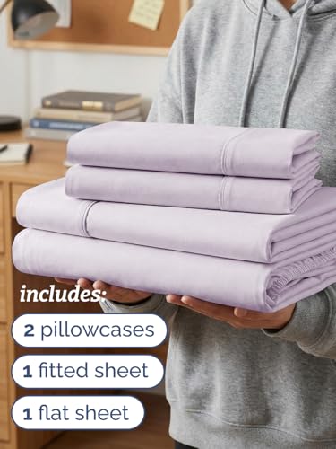 Image of Twin XL 4 Piece Sheet Set - College Dorm Room Essentials - Light Lavender | Ultra Soft Dorm Bedding Set, 8 inch to 16 inch Inch Deep Pockets, 1 Flat & 1 Fitted Sheet & 2 Pillowcases, Wrinkle & Fade Free