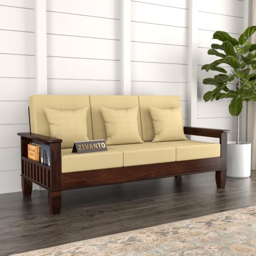 Image of Solid Sheesham Wood 3 Seater Sofa for Living Room | Premium Wooden Sofa with Side Magazine Rack | Comfortable Fabric Cushions | Modern Home & Office Furniture
