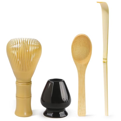 Lot de 4 fouets à matcha – Fouet à matcha en résine jaune, support de fouet noir brillant, cuillère longue et ronde en bambou – Ensemble traditionnel de cérémonie du thé japonais, parfait pour un