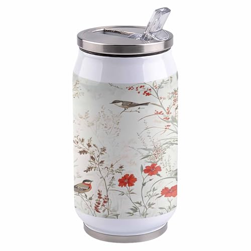 コーラカップ 田園 春 赤い花 葉 鳥 水墨画 タンブラー ストローカップ 蓋付き ステンレス 魔法瓶 水筒 ボトル 車用 自宅用 携帯便利 直飲み 真空 保冷 保温 漏れ防止 通勤 贈り物 300ml