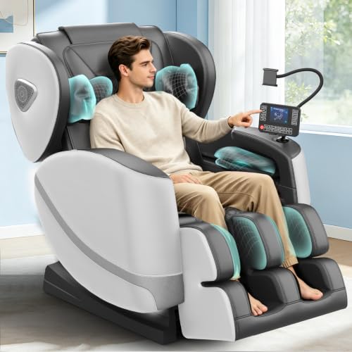 Poltrona Massaggiante per Tutto il Corpo con Rulli e Airbag – Zero Gravity, Bluetooth, Touchscreen, Riscaldamento Vita e Gambe, Massaggio Plantare – Grigio Chiaro