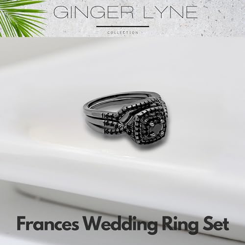 Frances Square Halo Black Wedding Ring Set for Women by Ginger Lyne CZ Engagement Rings for Women Sterling Silver Wedding Bands for Her | Cubic Zirconia Bridal Sets | Half Eternity Band3