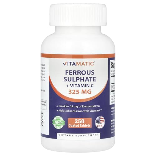 Vitamatic Ferrous Sulfate 325 mg with Vitamin C 100 mg (65 mg Elemental Iron) Coated Tablets High Potency Iron Supplement No Artificial Colors Made in USA