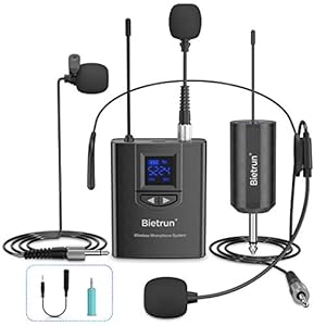 Bietrun UHF Wireless Lavalier Lapel Microphone System/Headset Mic/Stand Mic, 165ft Range, Rechargeable Transmitter Receiver, 1/4″ Output, for iPhone,Android,PA Speaker,DSLR Camera,YouTube, Recording
