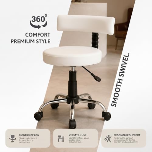 Image of DIYA Seating Chrome Rolling Study Flex Stool (1 Year Warranty) - White | Lift & Swivel Adjustable Height Salon Flex Stool w / Foot Rest, Compact Seating for Home Office Shop Study Use -(44 inchx47 inchx83 inch)