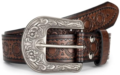 Western-Belt-for-Women-Cowgirl, PU-Leather-Waist-Belts with Vintage-Carved-Buckle and Tips-Ends for Jeans Pants Dresses