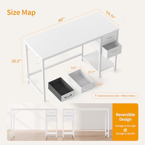 CubiCubi Computer Desk with 2 Drawers, 40 Inch Small Home Office Desk Study Writing Table, Pure White