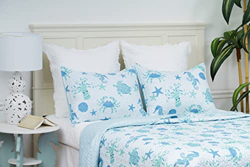 C&F Home Outlook Beach Ocean Coastal Blue Seahorse Turtle Crab Octopus Starfish Sand Dollar King 3-Piece Beach Reversible Coverlet Lightweight Quilt Set with 2 King Shams King 3 Piece Set Blue - Image 3