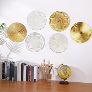 Wesiti 6 Pcs 12″ Wall Decor Metal Gold & White Hanging Decor for Living Room Hallway, starbursts Sculptures Radial Plate Wall Art Accent Modern Hanging Decorations for Home or Office Bedroom
