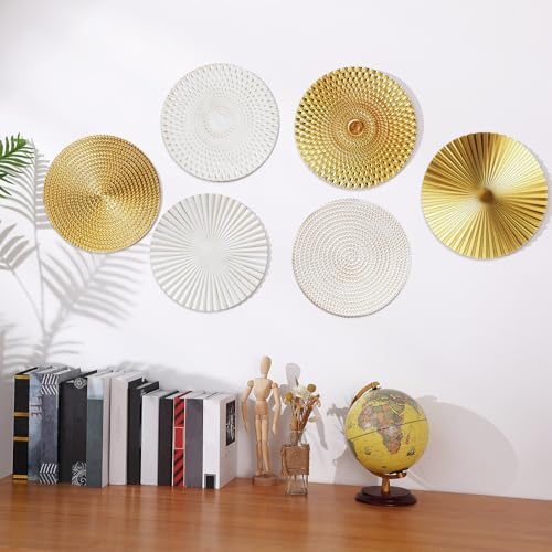 Wesiti 6 Pcs 12″ Wall Decor Metal Gold & White Hanging Decor for Living Room Hallway, starbursts Sculptures Radial Plate Wall Art Accent Modern Hanging Decorations for Home or Office Bedroom