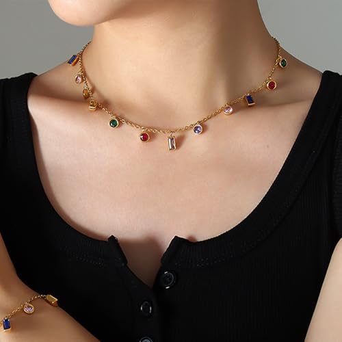 Gold Charm Pendent Choker Necklace for Woman, Boho Dainty Gemstone CZ Rhinestone Dangle Chain Necklaces Prom Fashion Jewelry Wedding Gift3