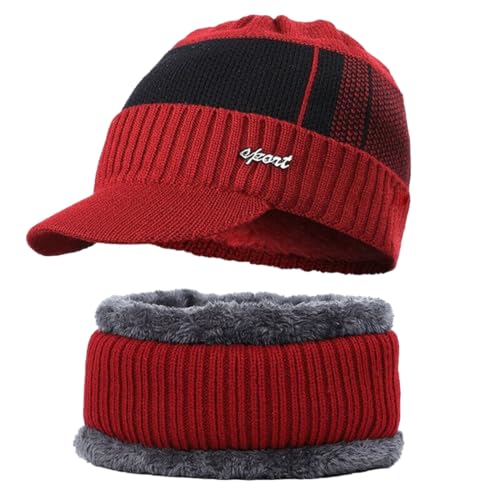 GK-O Mens Winter Warm Peaked Beanie Hat Fleece Lined Outdoor Ski Cap with Scarf (US, Alpha, Small, Red)