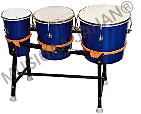 Spl. Stand Triple Bongo Wooden Drum (Blue) Junior Congo - Handemade WITH Folding Stand 00001