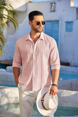 Image of DEELMO Men's Button Down Dress Shirts Textured Long Sleeve Casual Hawaiian Beach Shirt