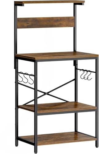 Image of 4-Tier Baker's Rack and Coffee Bar Table | Kitchen Microwave Stand with 6 S-Hooks | Storage Shelf for Spices, Pots and Pans | Rustic Brown | 60x40x125 cm