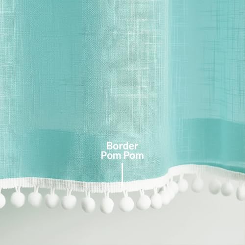 Image of HOMEMONDE Sheer Curtains with Decorative Side Border Pompom Curtain for Customize, Linen Textured Light Filtering, Rod Pocket, 1 Piece - Celeste