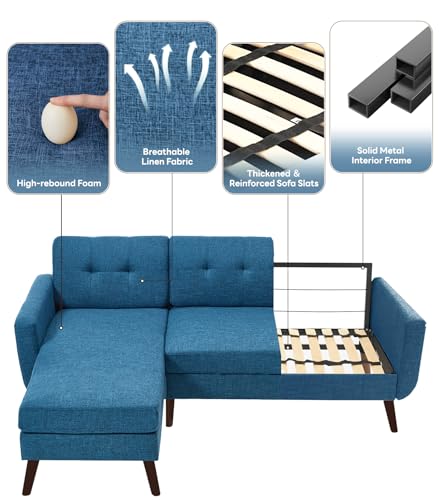 Image of Kingfun L Shaped Couch, 80 inch W Mid-Century Modern Sofa, Sectional Couches, 3 Seater Sofas with Wide Chaise Lounge, Button Tufted Upholstered Sectional Sofa for Living Room, Bedroom, Blue