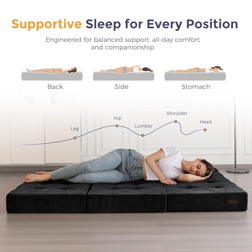 Image of MAXYOYO 6 inch Folding Sofa Bed for Floor, Tufted Tri-Fold Floor Mattress with Chenille Fabric, Full Size Portable Sofa Couch Guest Mat for Adults, Foldable Topper for Camping, Black, 53 inchx75 inch