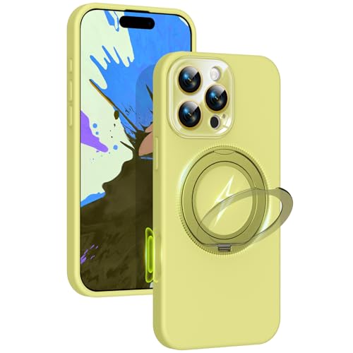 Image of Silicone 360 Spin Magnetic Stand Case for iPhone 16 Pro Max, [Compatible with Mag-Safe][Reinforced Hard Camera Protection] Liquid Silicone Rubber Phone Cover with Ring, Camera Button, Butter Yellow