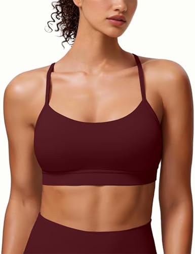 Image of Padded Y-Back Sports Bra for Women - Racerback Low Impact Spaghetti Strap for Yoga Workout Top Burgundy