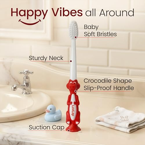 Image of LuvLap Croco Baby Toothbrush with Extra Soft Bristles, Gentle on Enamel, Easy To Hold, Rounded Head Brush For Kids with Hygiene Cap, BPA Free, Toothbrush for Kids, Baby Brush for 1+ Years, Pack of 2