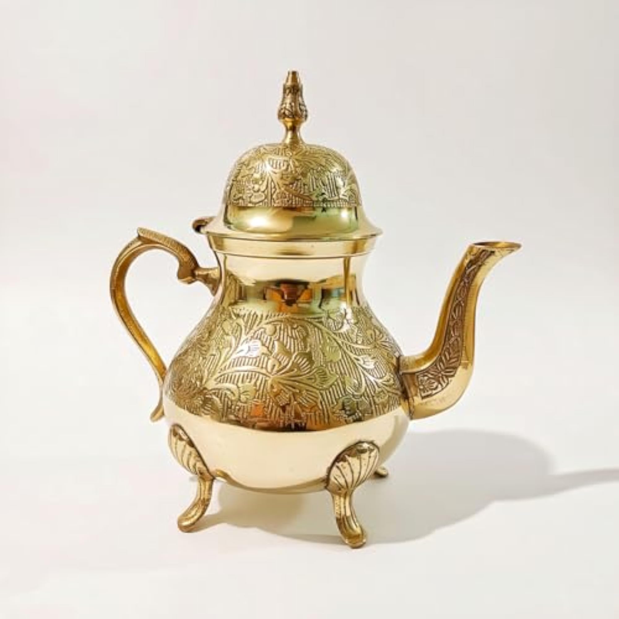 Mughal Style Brass Tea Kettle with Floral Etched Design