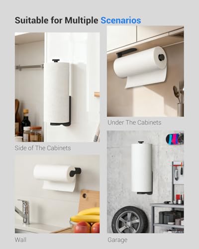 Image of Paper Towel Holder Under Cabinet, One-Handed Tear, Wall Mount, Adhesive, Black, Paper Roll Holder with Ratchet Mechanism for Kitchen Bathroom Farmhouse Essentials Decor Accessories