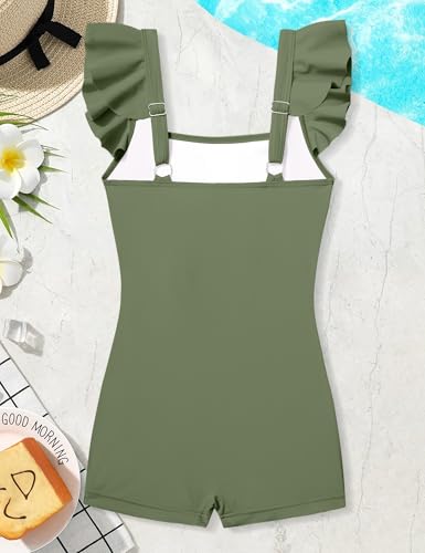 Image of Girls Swimsuit Ruffle Solid One Piece Bathing Suits 7-18 Years | Teen Bathing Suits for Girls Ruched Sleeveless Girls' Swimwear