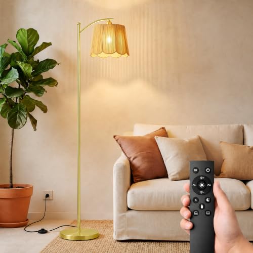 Image of Rattan Boho Arc Floor Lamp with Flower-Inspired Shade & 50FT Remote Control