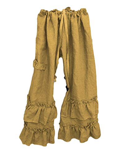 Andongnywell Women's Linen Wide Leg Pants Elastic Waist Casual with Pockets Solid Color Ruffle Hem Trousers