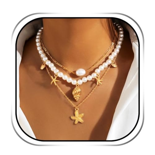 Handcess Colliers bohèmes à plusieurs rangées avec pendentifs en perles et étoiles de mer dorées pour femmes