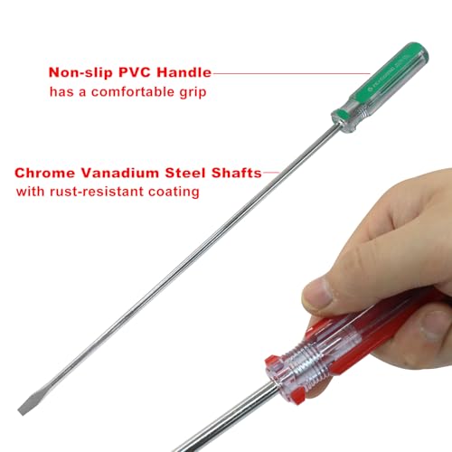 Image of 10 Inch Long #1 Phillips & 5mm Slotted Screwdriver 2-Piece Set, Magnetic Tip Flat Blade Cross-head Screwdrivers (Red, Green)