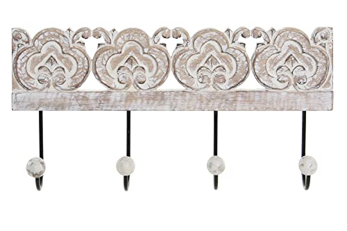 Porte-manteau mural en bois avec manche taillé avec 4 crochets en fer décape (38 cm) Cover