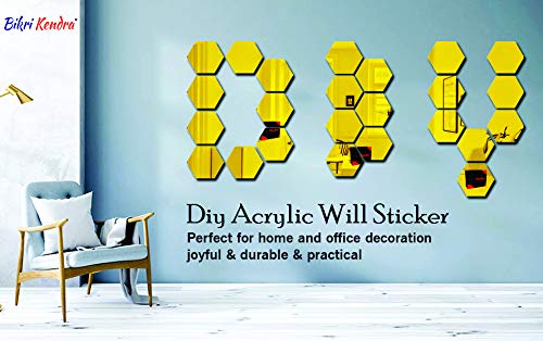Image of Bikri Kendra - Hexagon 35 Golden with 20 Butterfly Silver Stickers for Wall, Mirror Decor Sticker, Wall Mirror Stickers, Acrylic,