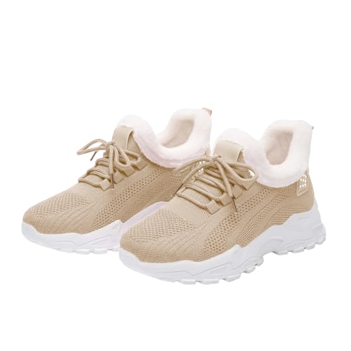 heluqu Women's Warm Fleece Lined Boots Winter Tennis Sneakers Shoes Non-Slip Fashion Lace Up Chunky Platform Sneakers Orthopedic Arch Support Breathable Lightweight Comfortable Walking Shoes Khaki