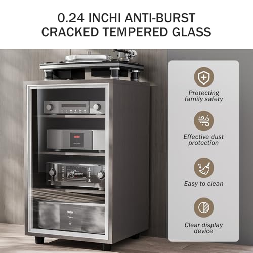 Media Storage Cabinet, Audio Video Media Stand Cabine with 3 Height-Adjustable Shelves, AV Cabinet Audio Rack with Glass Door and Cable Management for Living, Gaming, Recording Room