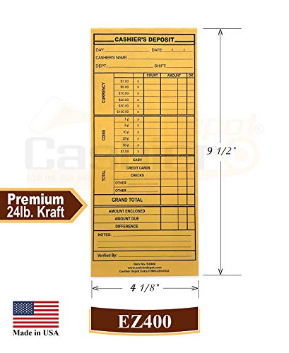 1000 Cashier Depot Ez400 Cashier's Deposit Envelope, 10 Brown Kraft Envelope, 4 1/8" X 9 1/2", Heavy 24 Lb, 1000 Envelopes #TOP1